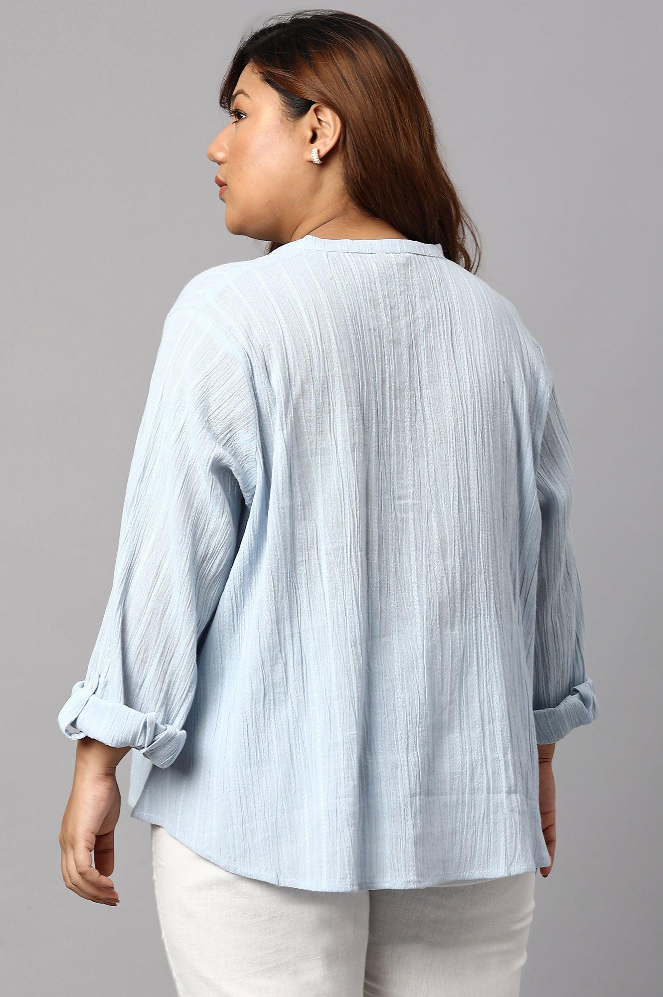 Light Blue Mandarin Collar Plus Size Top - wforwoman