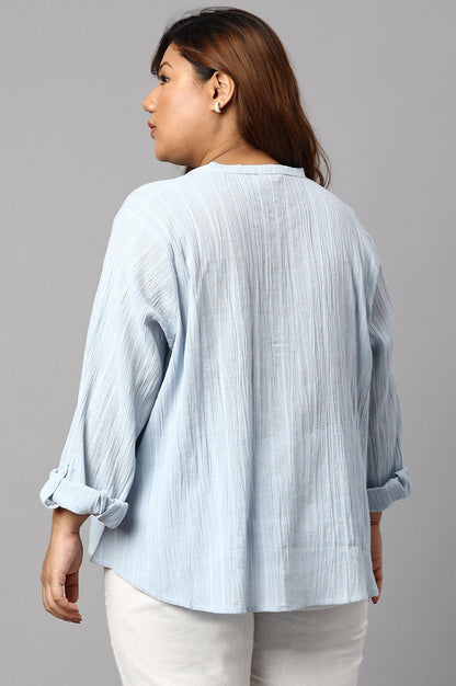 Light Blue Mandarin Collar Plus Size Top - wforwoman