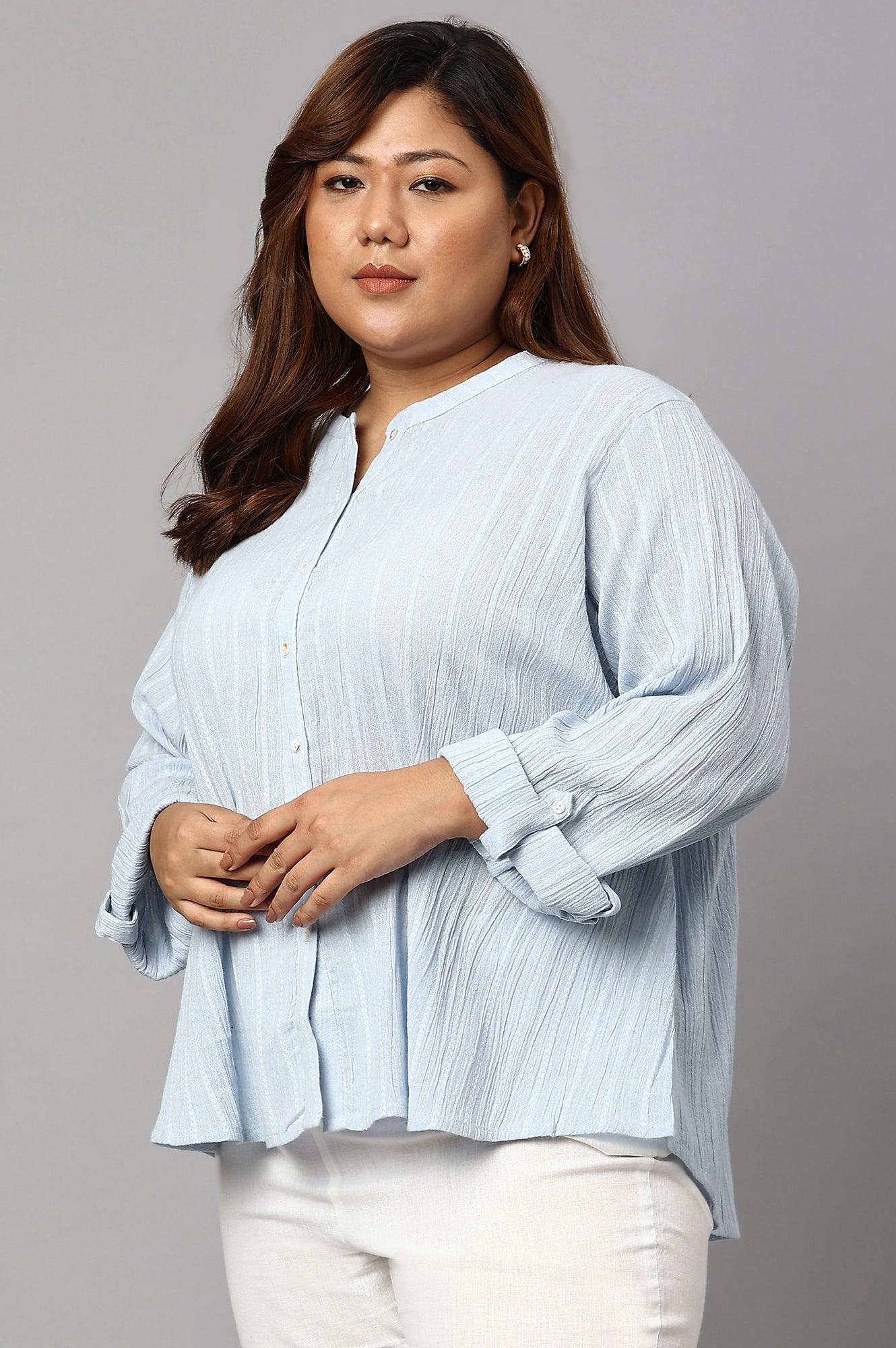 Light Blue Mandarin Collar Plus Size Top - wforwoman
