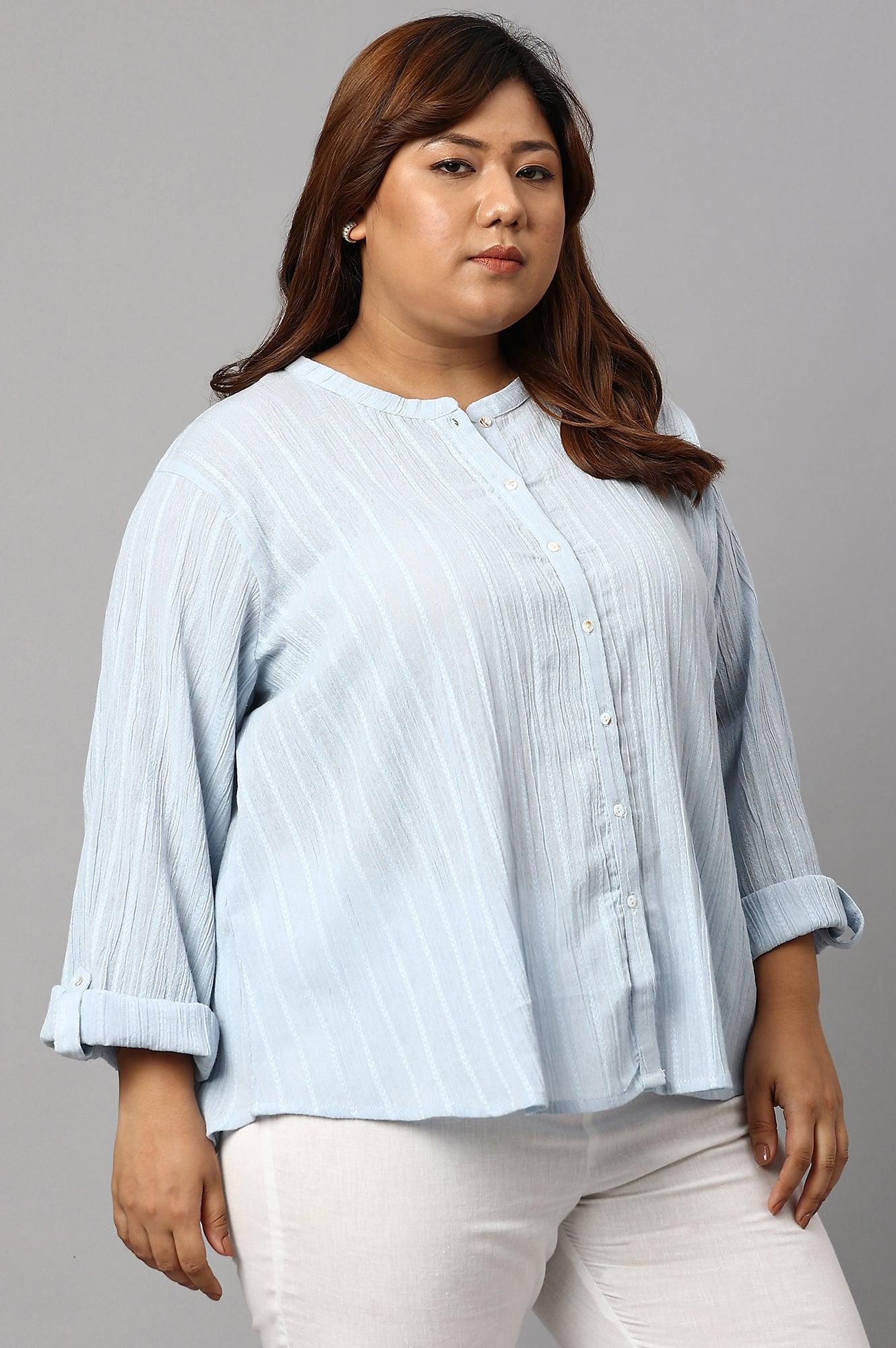 Light Blue Mandarin Collar Plus Size Top - wforwoman
