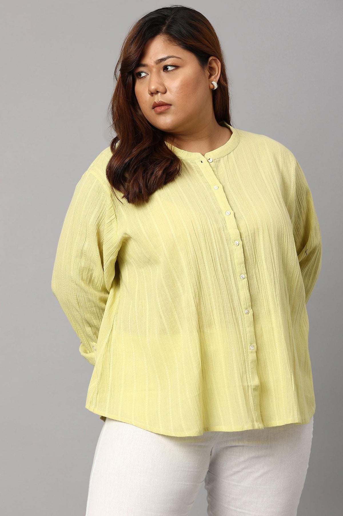 Celery Green Mandarin Collar Plus Size Top - 22