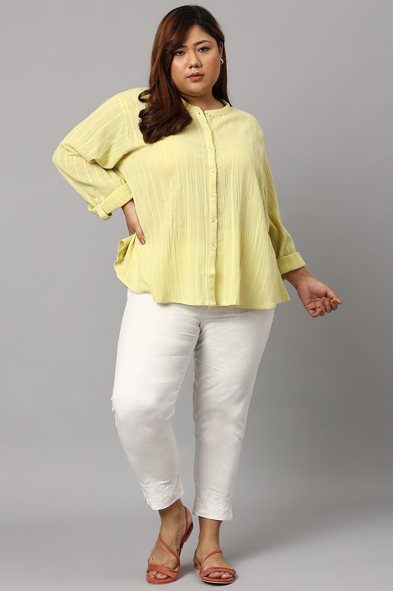 Celery Green Mandarin Collar Plus Size Top - wforwoman