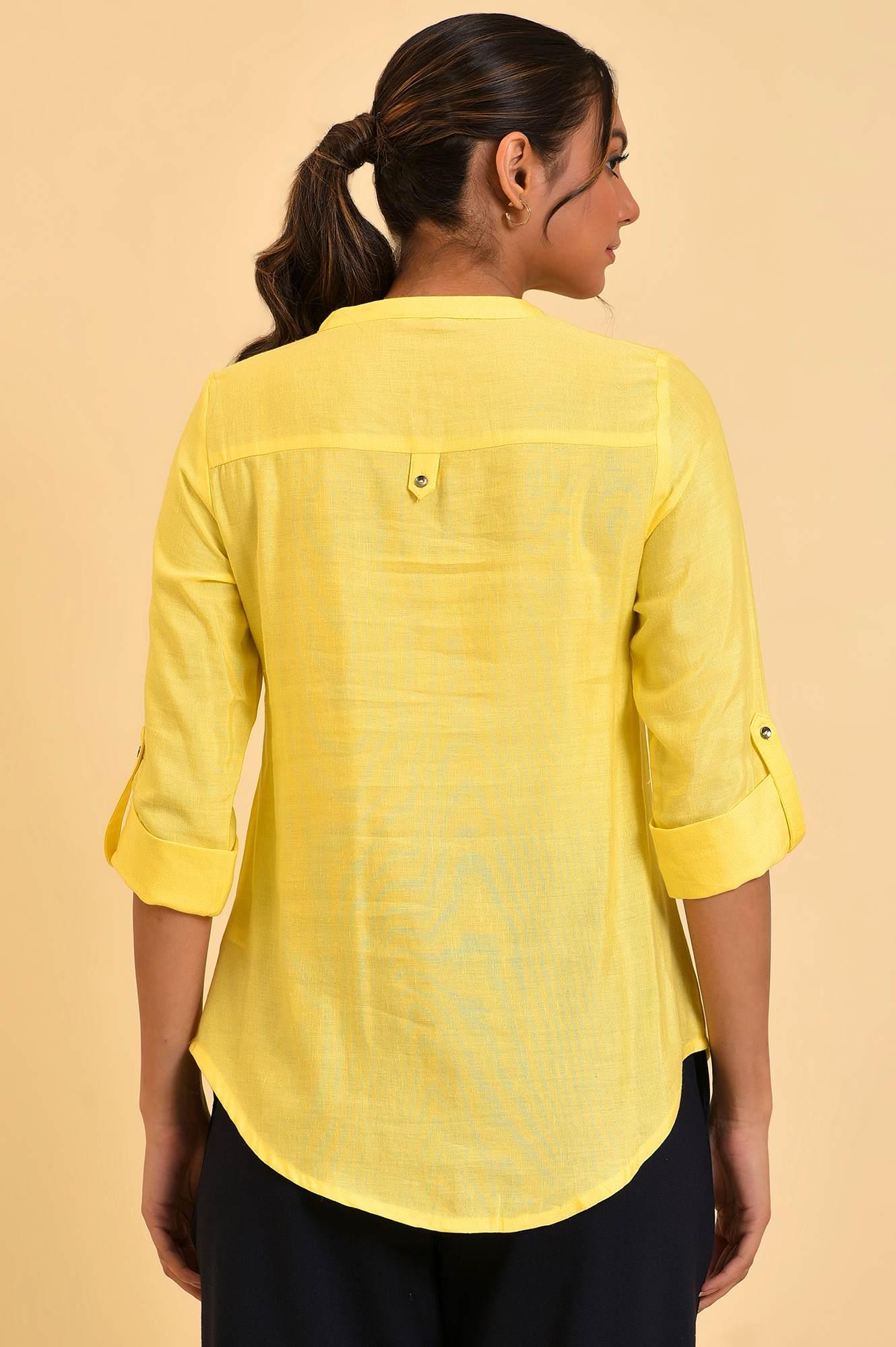 Yellow Blue Cotton Flax Top - wforwoman