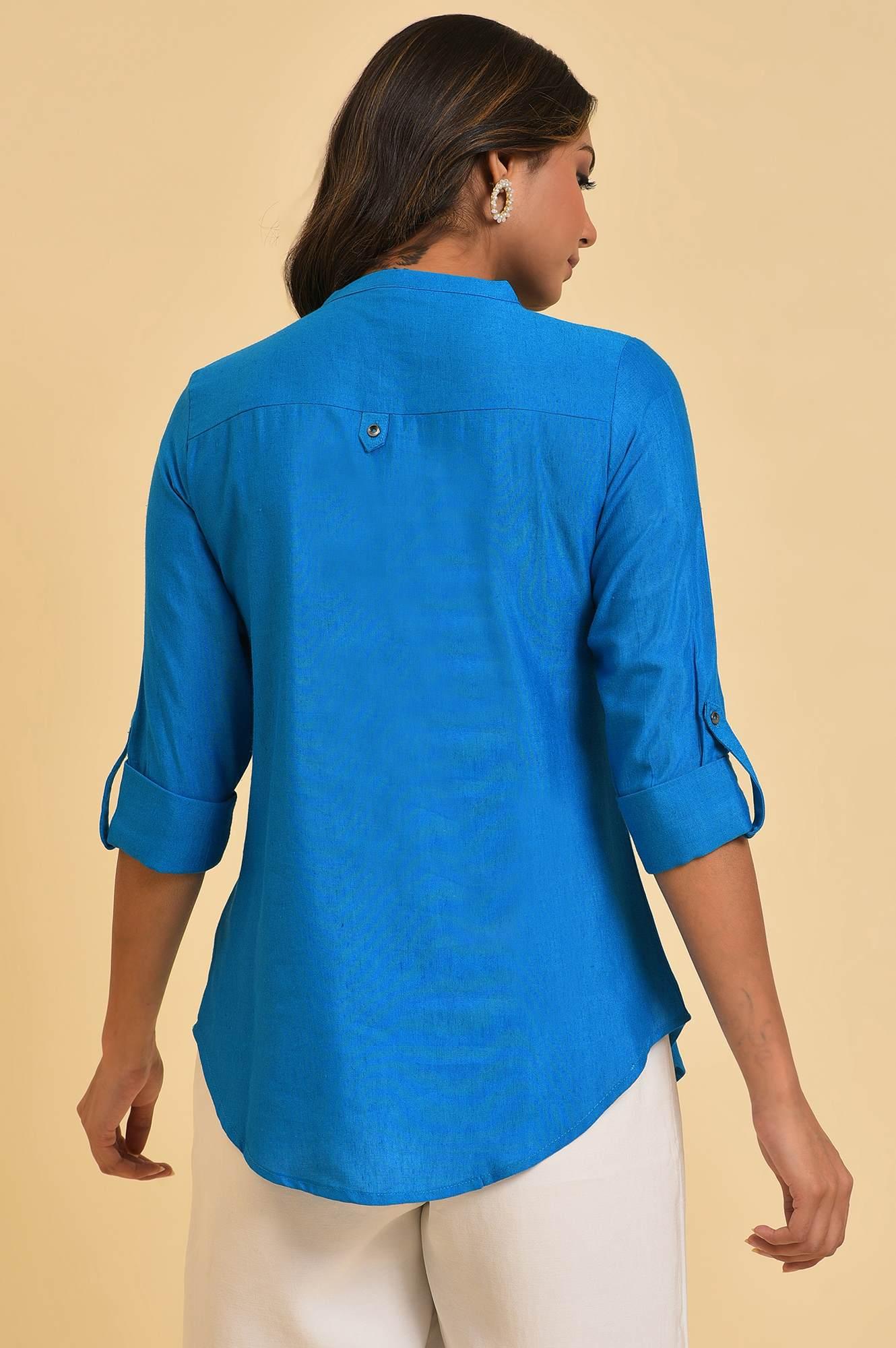 Blue Cotton Flax Top - wforwoman