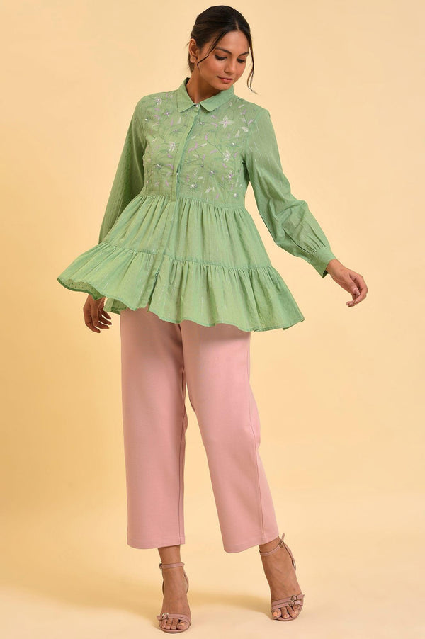 Green Lurex Stripes Embroidered Tiered Top