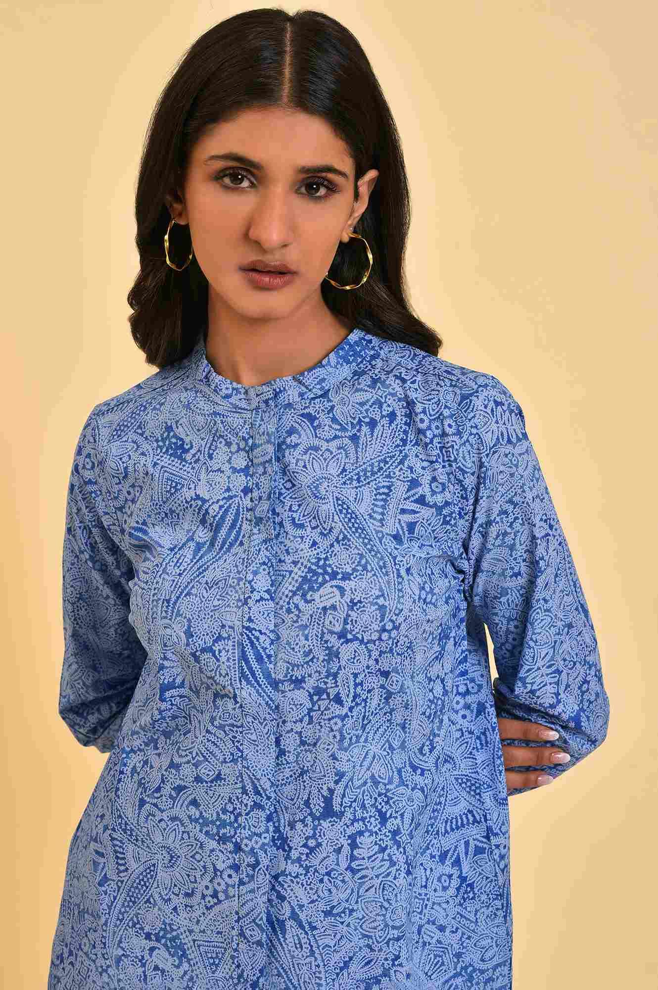 Blue Printed Western Top - wforwoman