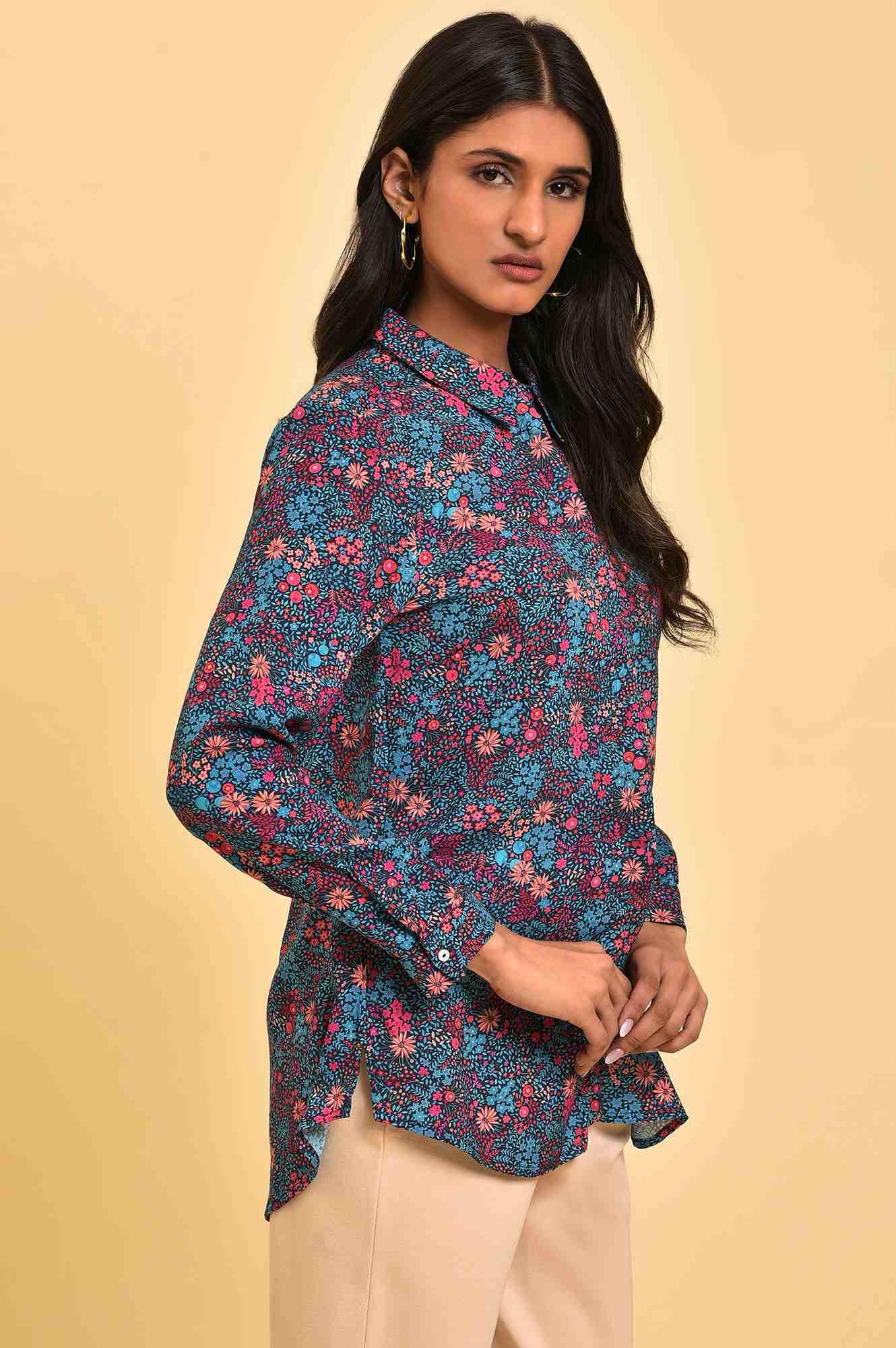 Blue Floral Printed Women Shirt - wforwoman