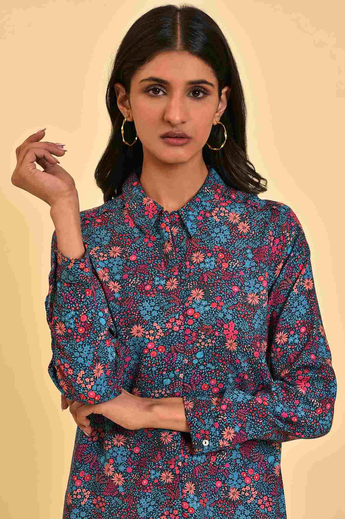 Blue Floral Printed Women Shirt - wforwoman