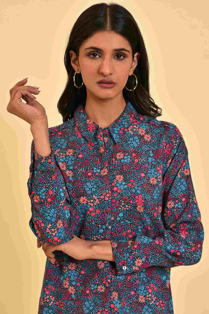 Blue Floral Printed Women Shirt - wforwoman