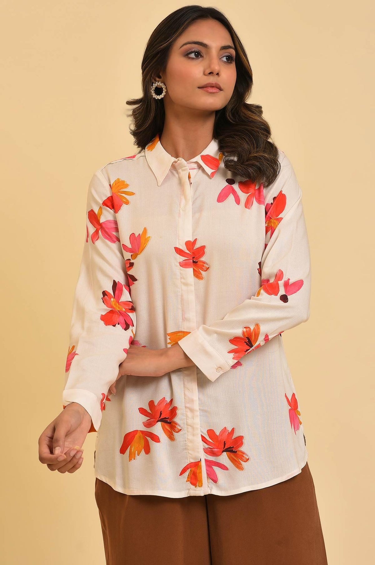 Ecru Floral Printed Shirt - XS