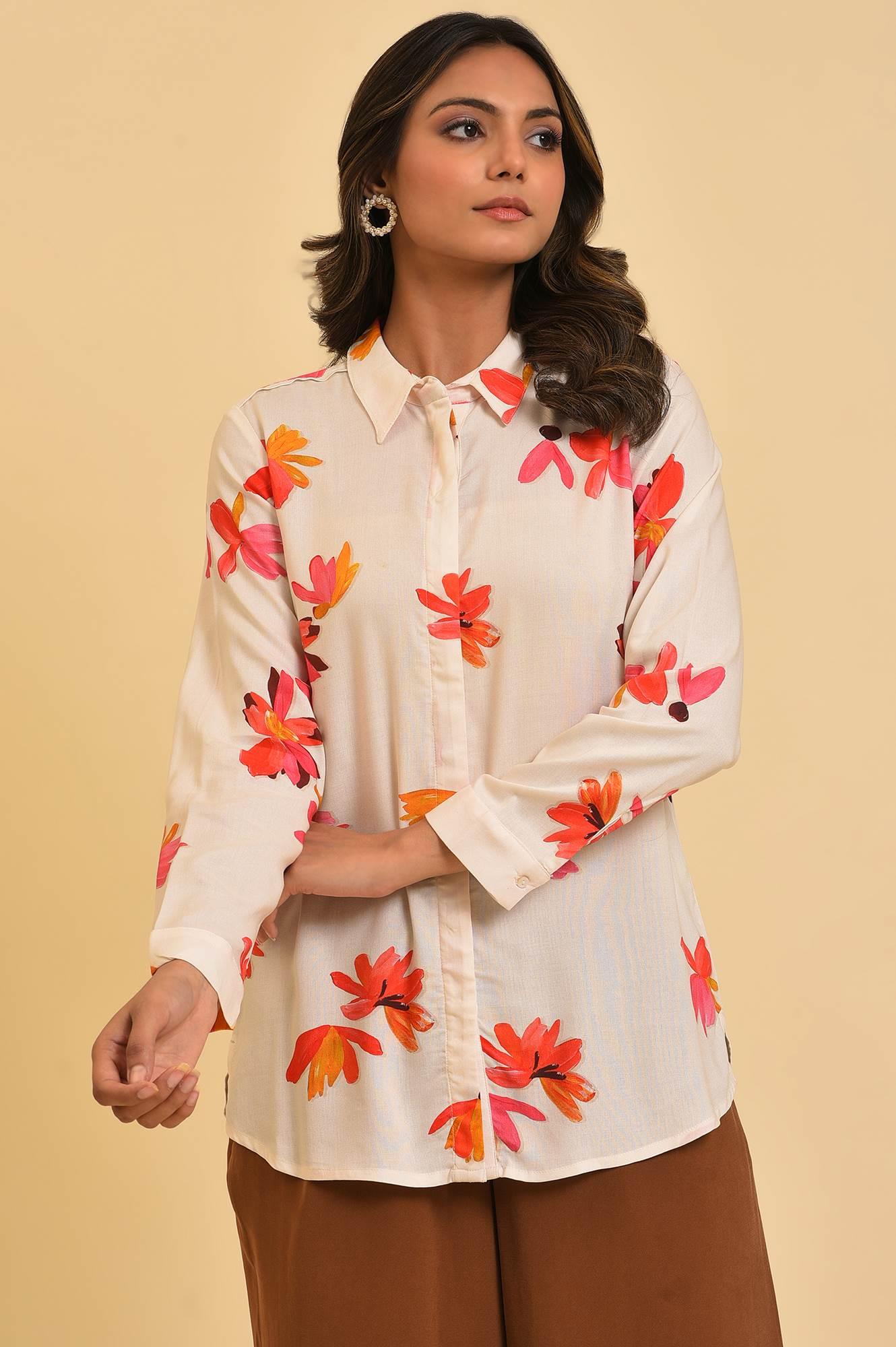 Ecru Floral Printed Shirt - wforwoman