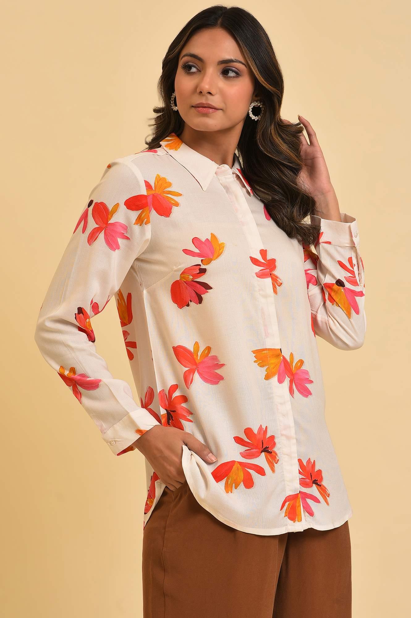 Ecru Floral Printed Shirt - wforwoman