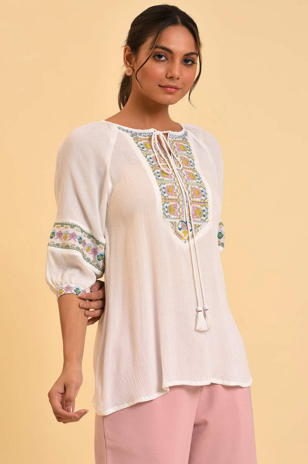 Ecru Embroidered Flared Top