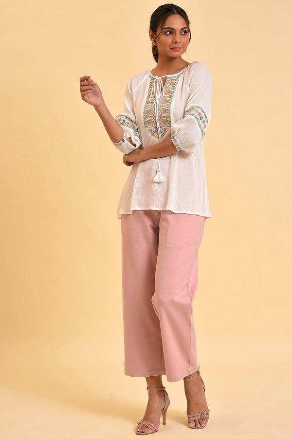 Ecru Embroidered Flared Top