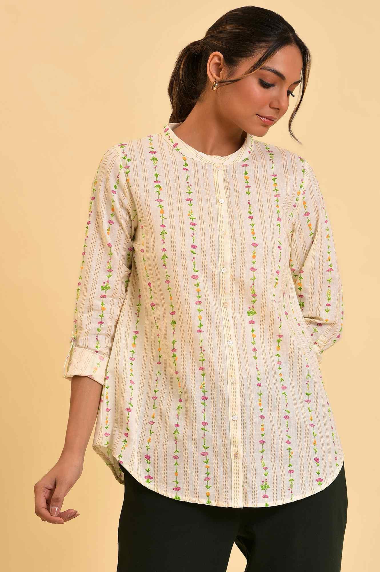 Ecru Button Down Floral Printed Top - wforwoman