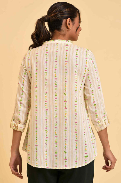 Ecru Button Down Floral Printed Top - wforwoman