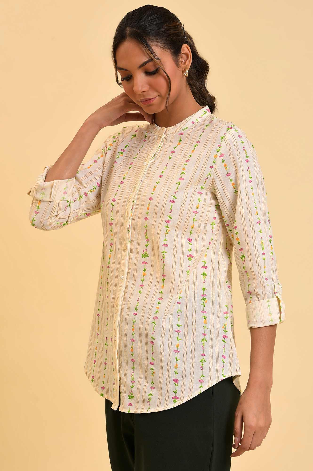 Ecru Button Down Floral Printed Top - wforwoman