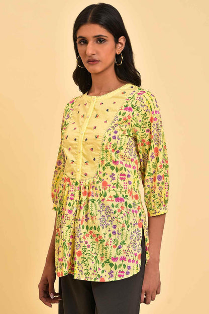 Yellow Floral Printed Top With Thread Embroidery - wforwoman