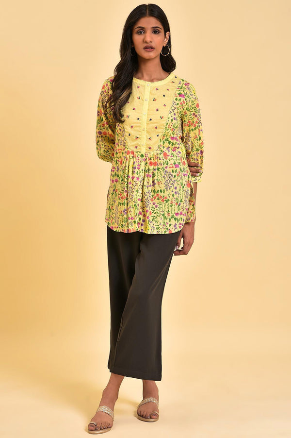 Yellow Floral Printed Top With Thread Embroidery
