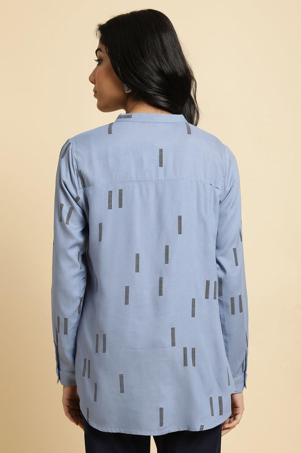 Blue Geometric Print Mandarin Collar Top