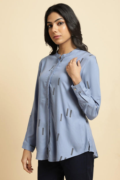 Blue Geometric Print Mandarin Collar Top - wforwoman