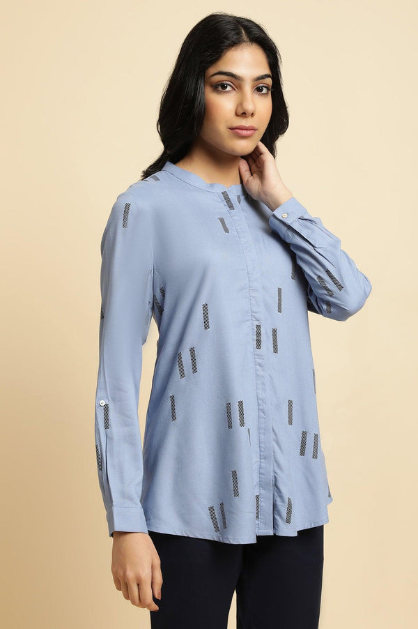 Blue Geometric Print Mandarin Collar Top