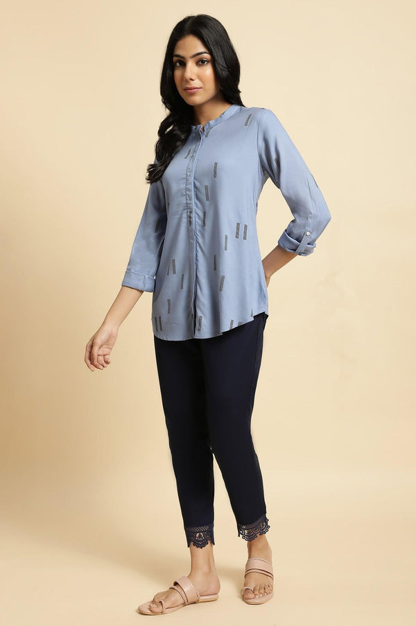 Blue Geometric Print Mandarin Collar Top