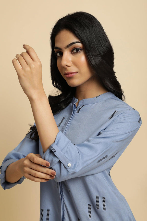 Blue Geometric Print Mandarin Collar Top