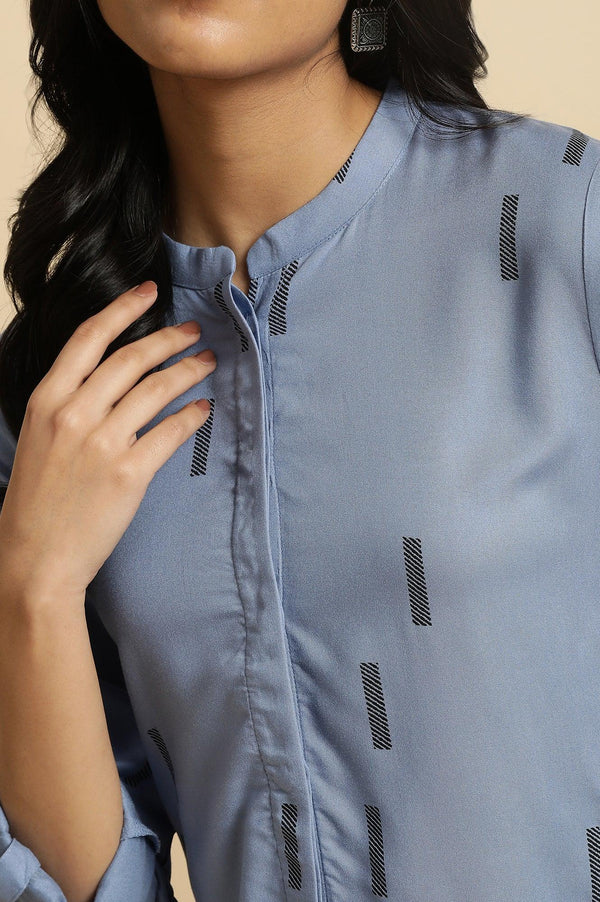 Blue Geometric Print Mandarin Collar Top