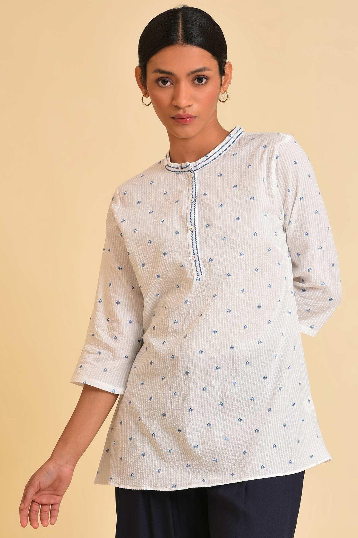 White Printed Textured Cotton Top - XS