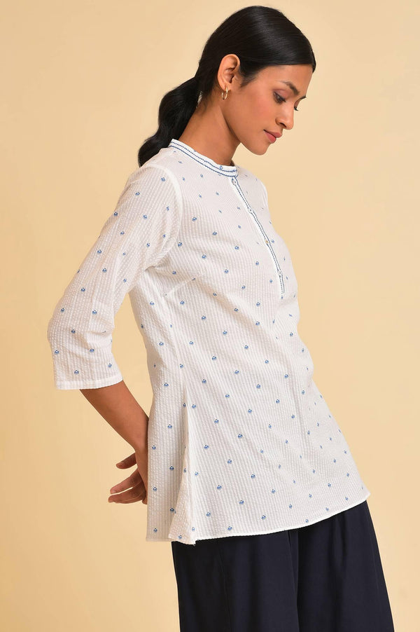 White Printed Textured Cotton Top
