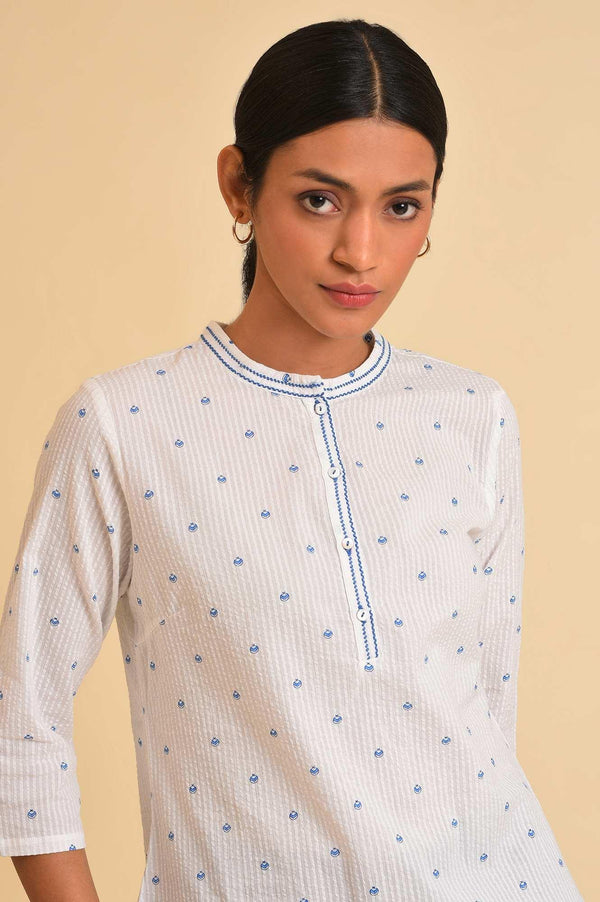 White Printed Textured Cotton Top