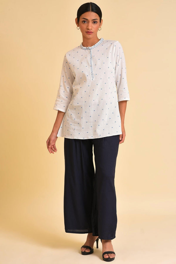 White Printed Textured Cotton Top