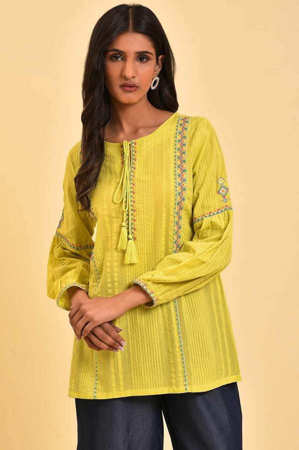 Lime Yellow Textured Cotton Printed Top