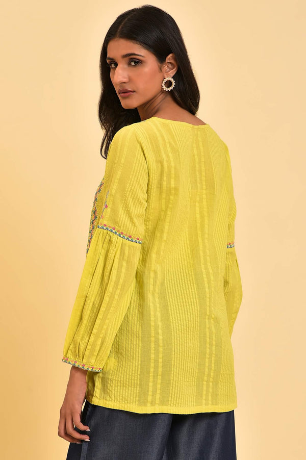 Lime Yellow Textured Cotton Printed Top
