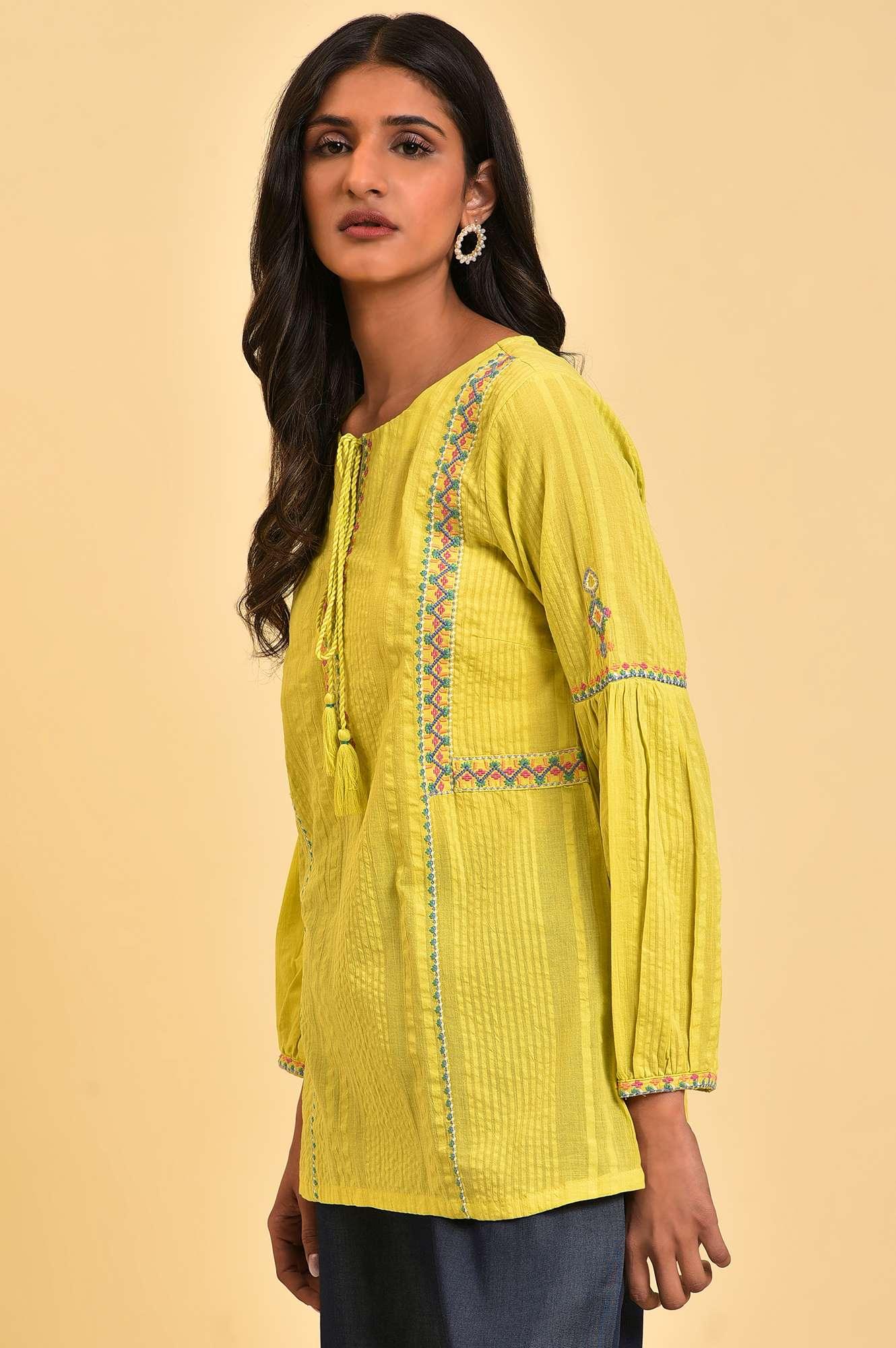 Lime Yellow Seer Sucker Printed Top - wforwoman
