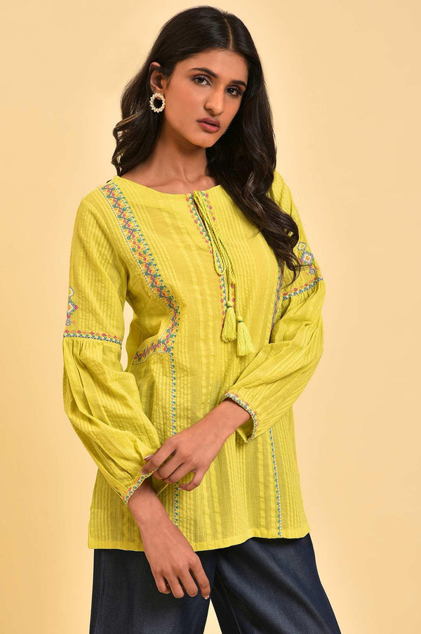Lime Yellow Textured Cotton Printed Top