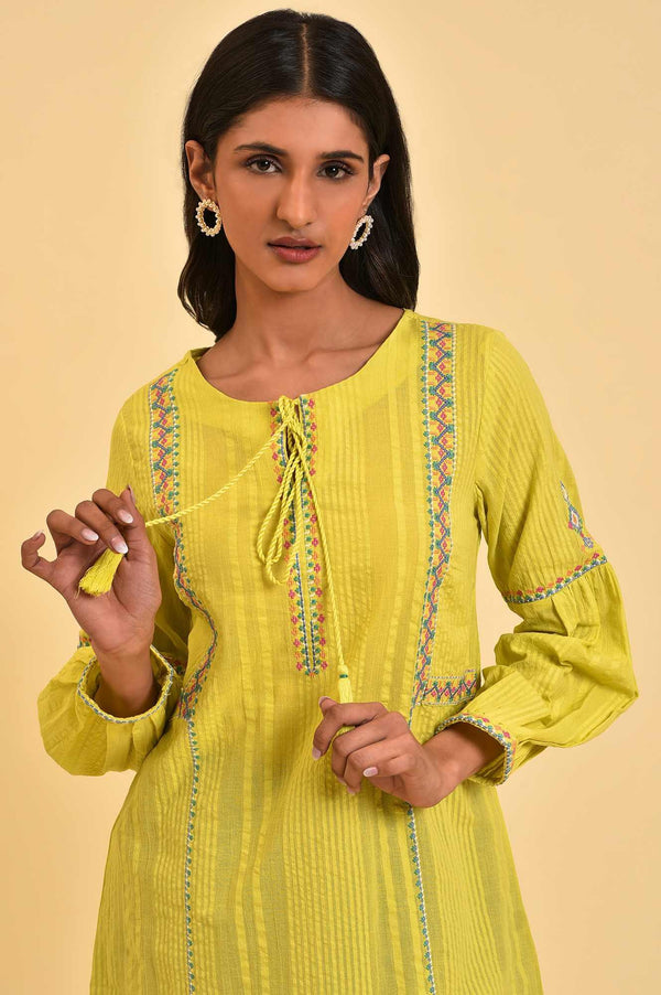 Lime Yellow Textured Cotton Printed Top
