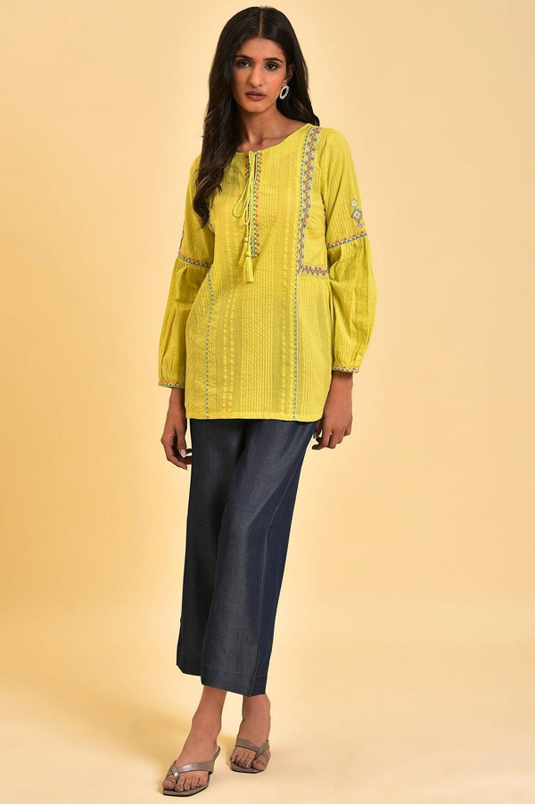 Lime Yellow Textured Cotton Printed Top