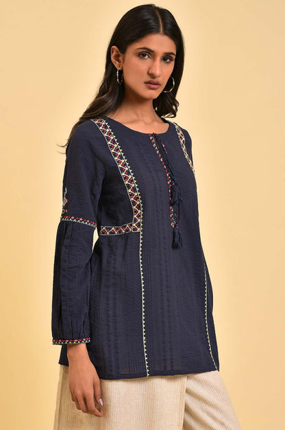 Navy Embroidered A-Line Western Top - wforwoman