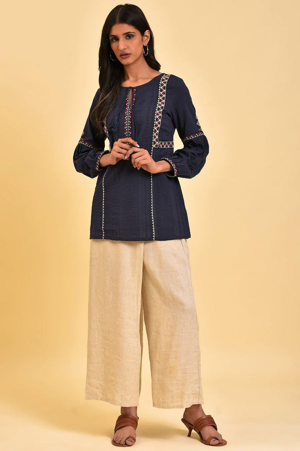 Navy Embroidered A-Line Western Top