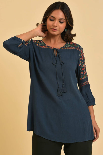 Blue Thread Embroidered Western Top - wforwoman