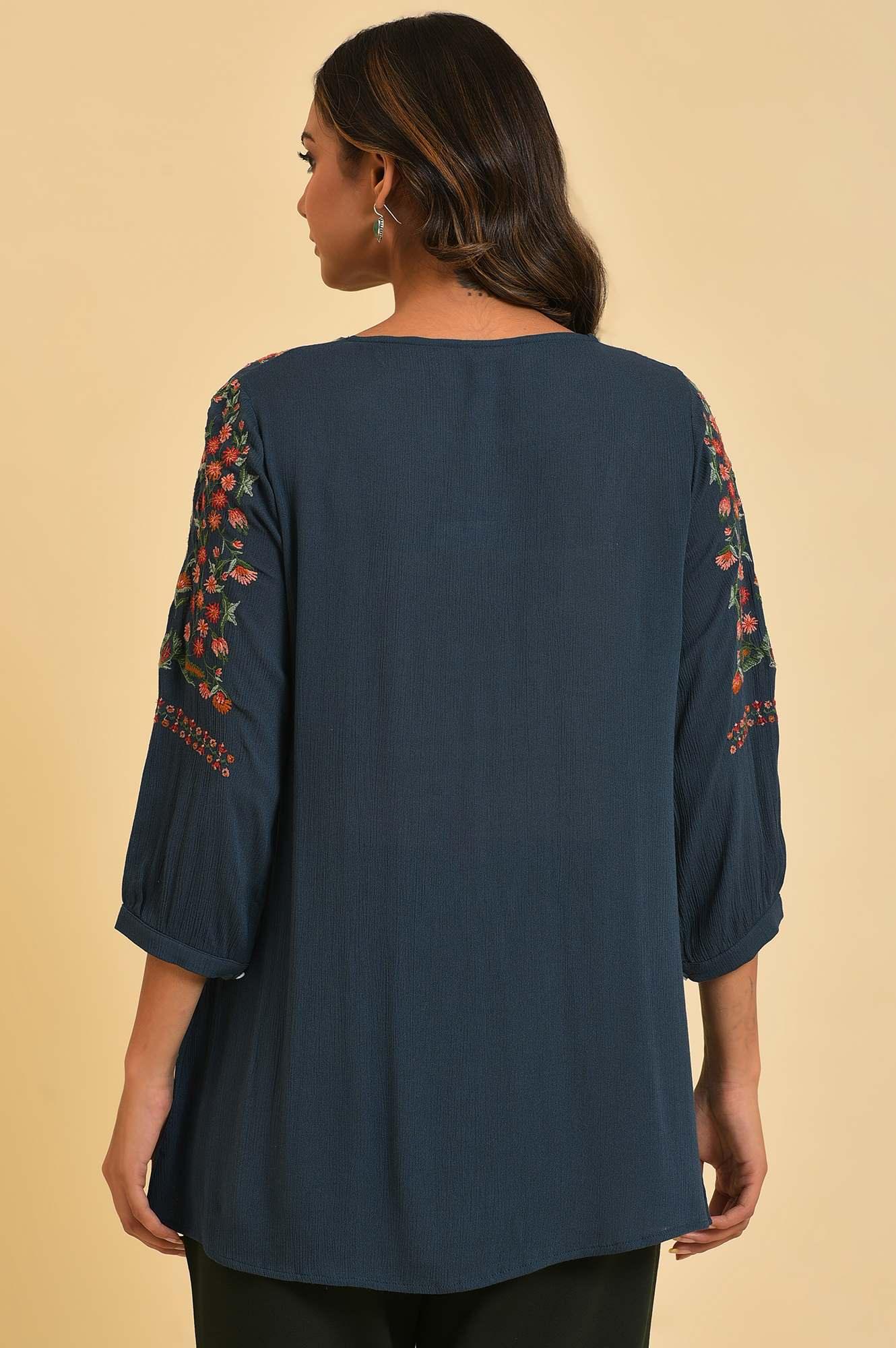 Blue Thread Embroidered Western Top - wforwoman
