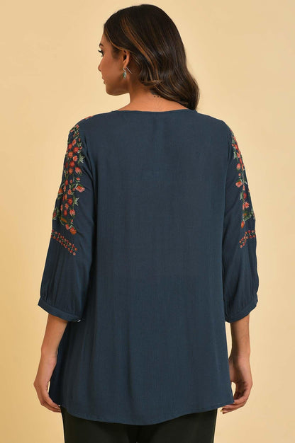 Blue Thread Embroidered Western Top - wforwoman