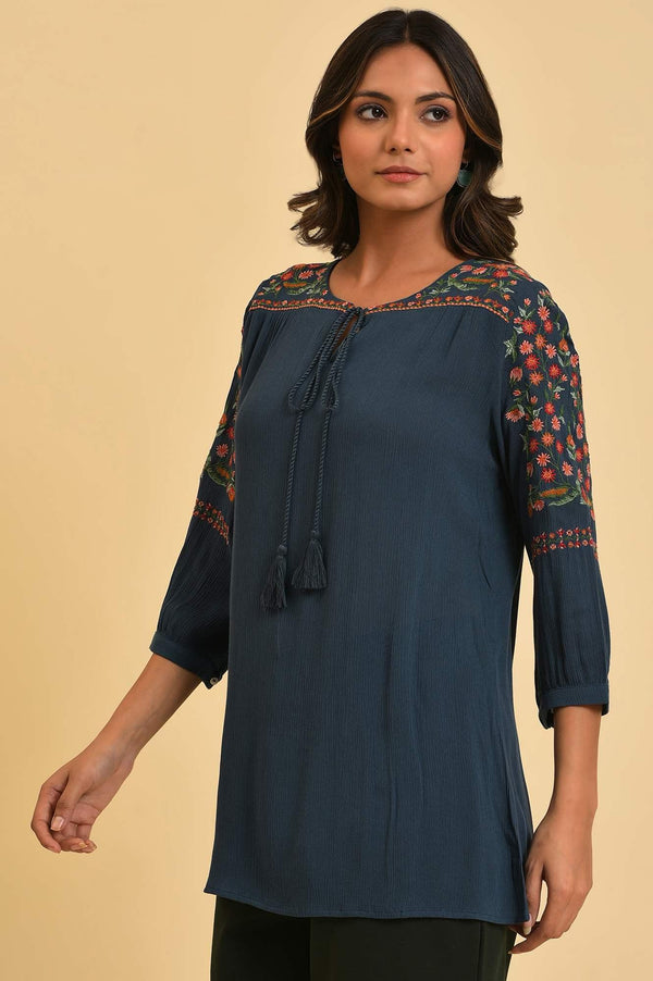 Blue Thread Embroidered Western Top