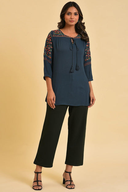 Blue Thread Embroidered Western Top - wforwoman