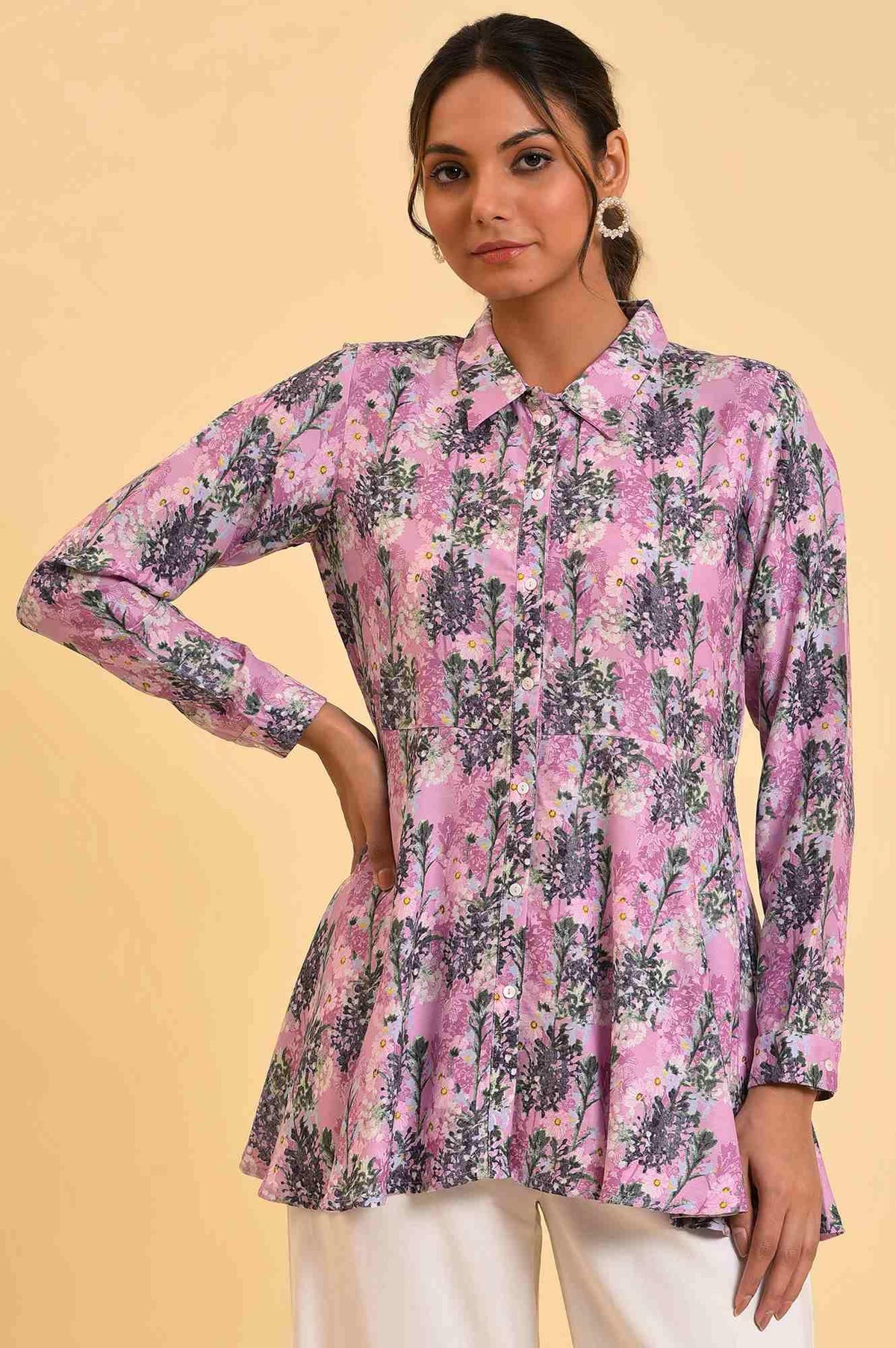 Purple Floral Printed Flared Top - XS