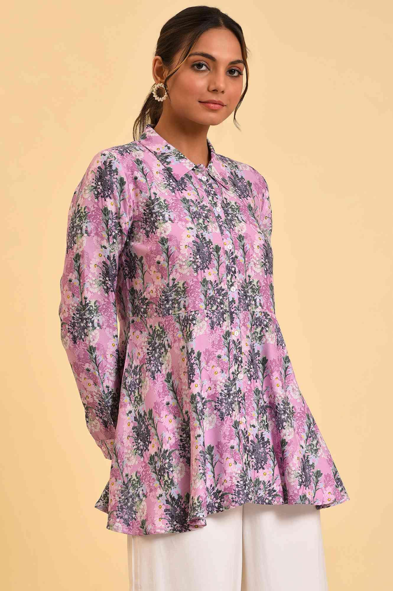 Purple Floral Printed Flared Top - wforwoman