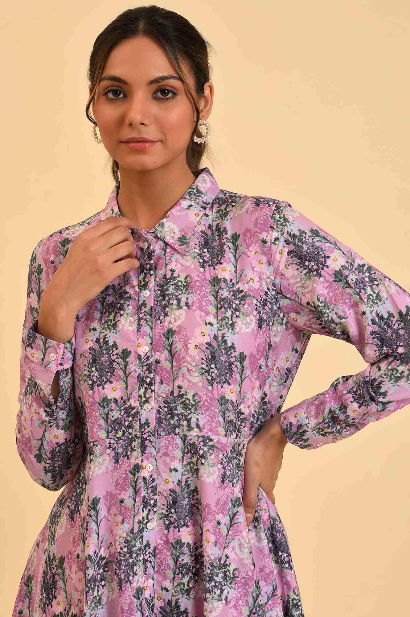 Purple Floral Printed Flared Top - wforwoman
