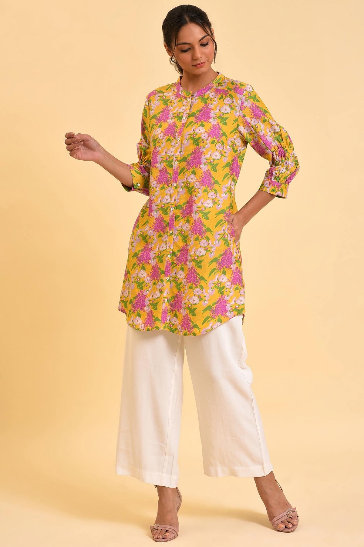 Yellow Floral Printed Button Down Tunic - XS